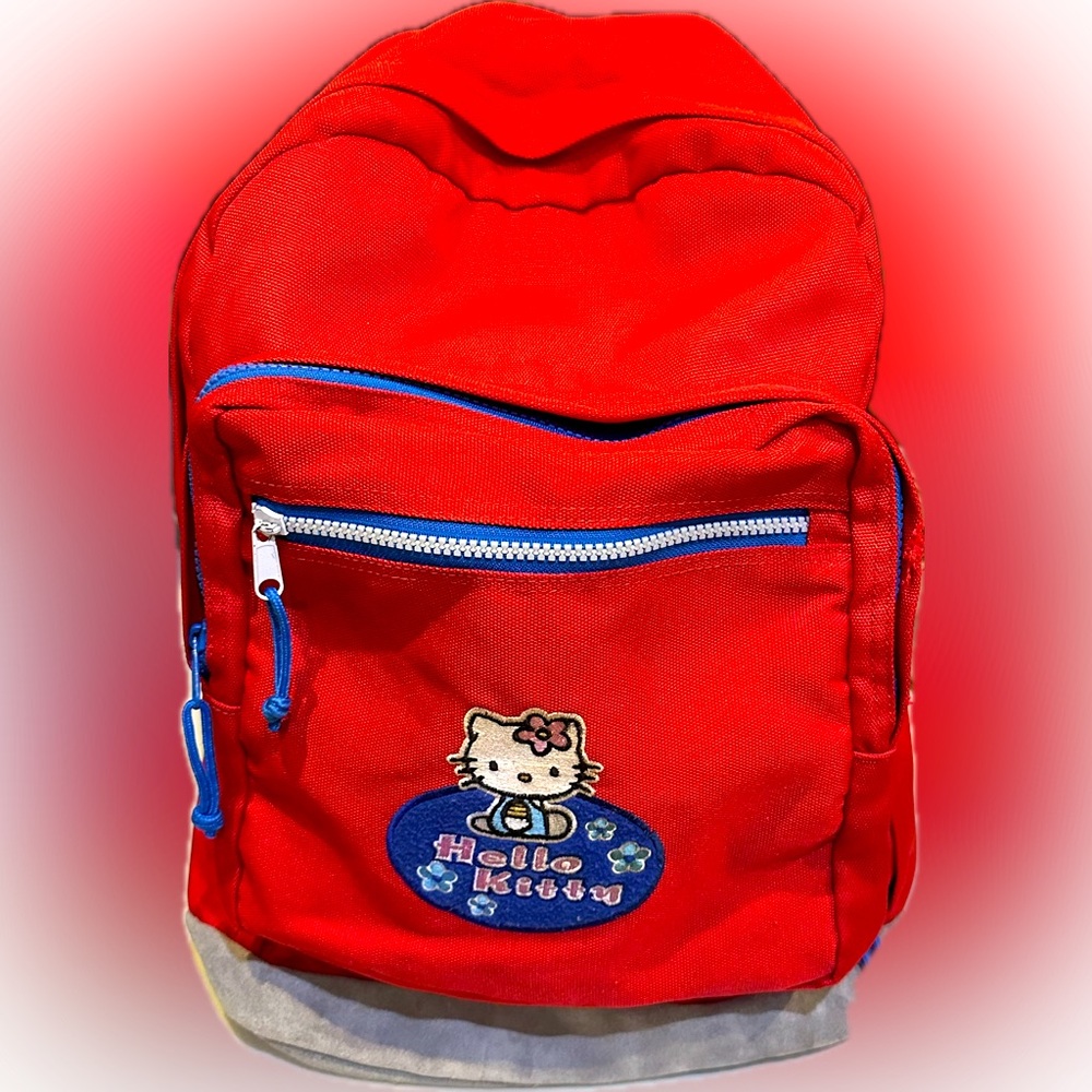 VTG HELLO KITTY SANRIO RED BLUE BACKPACK  SUEDE GRAY LEATHER BOTTOM SCHOOL CUTE!